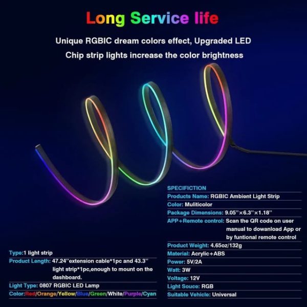 LED Car Interior Light – USB RGB Neon Strip with App Control